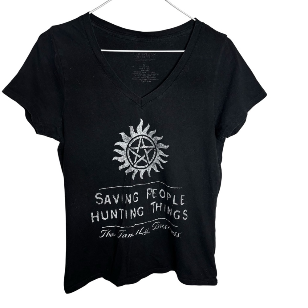 Supernatural black v neck flaming pentagram graphic T shirt